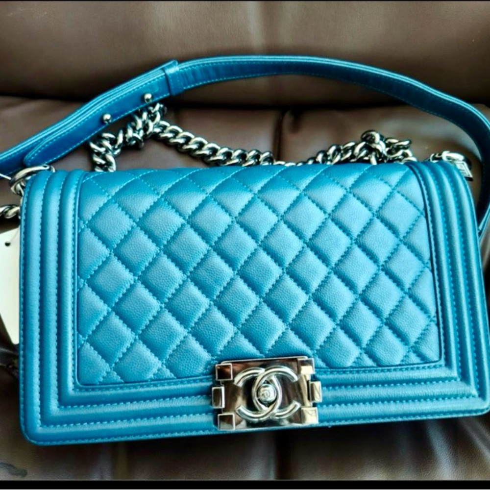 CHANEL Blue Quilted Leboy Bag with Silver Hardware